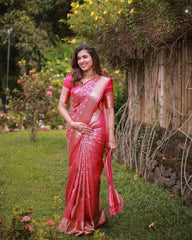Bright Pink Banarasi Silk Saree with Golden Zari Weaving