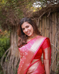 Bright Pink Banarasi Silk Saree with Golden Zari Weaving